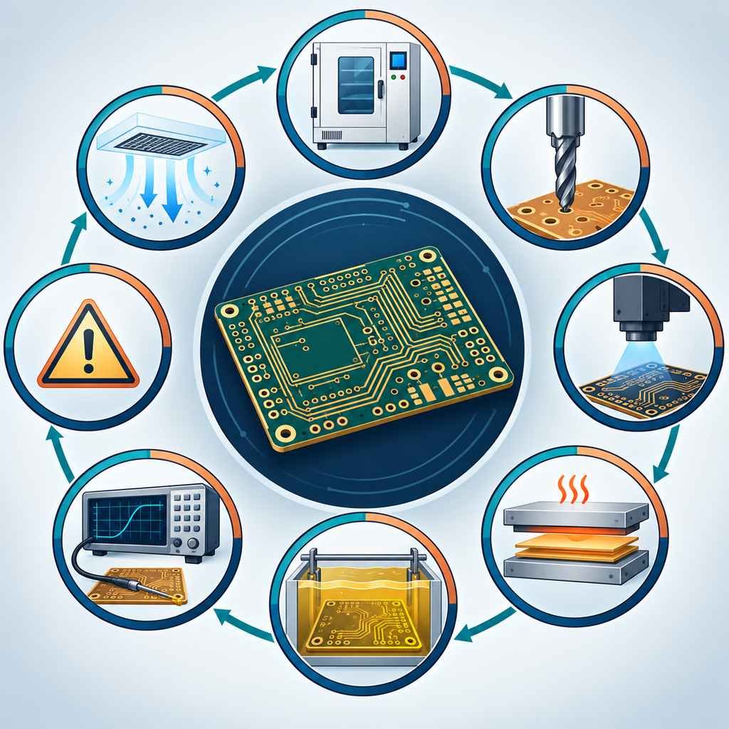 Eight process control nodes around an RO5880 high-frequency board covering storage, drilling, imaging, lamination, finish, verification, faults and environment