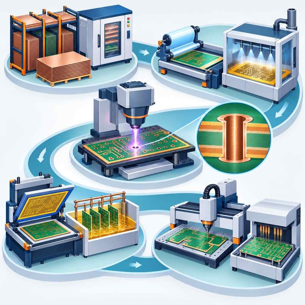 Five production phases of an RO5880 high-frequency PCB from material preparation through patterning, drilling, outer layers and final testing