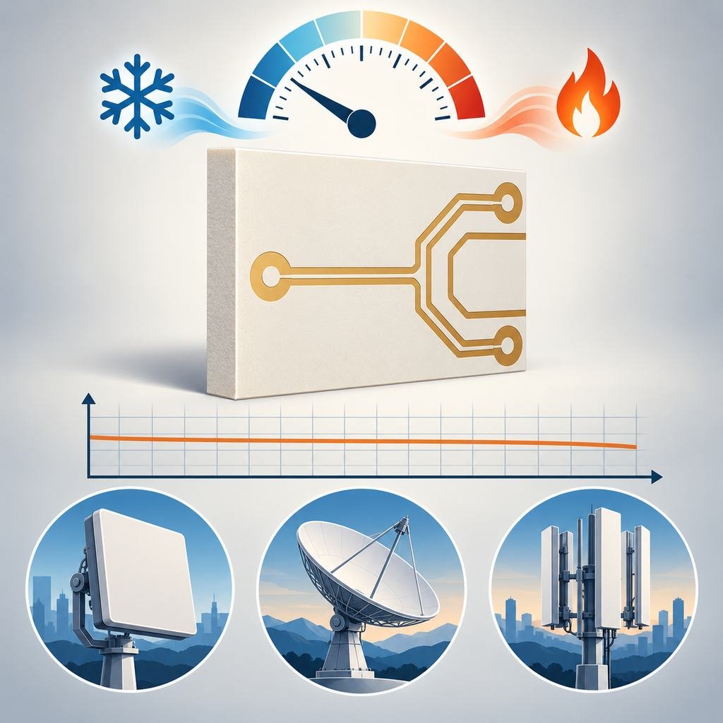 RT/duroid 3003 PTFE laminate panel with a low-reading dial, thermal range icons, a flat low-loss curve and antenna, satellite and base station silhouettes