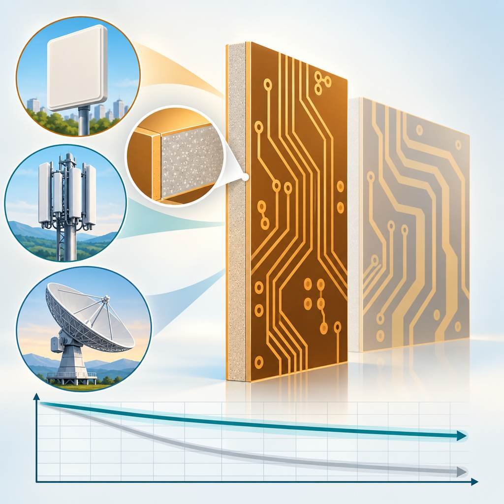 RT/duroid 4003C filled PTFE laminate panel with a narrower trace pattern than its comparison board, a magnified filler inset and a flat loss curve