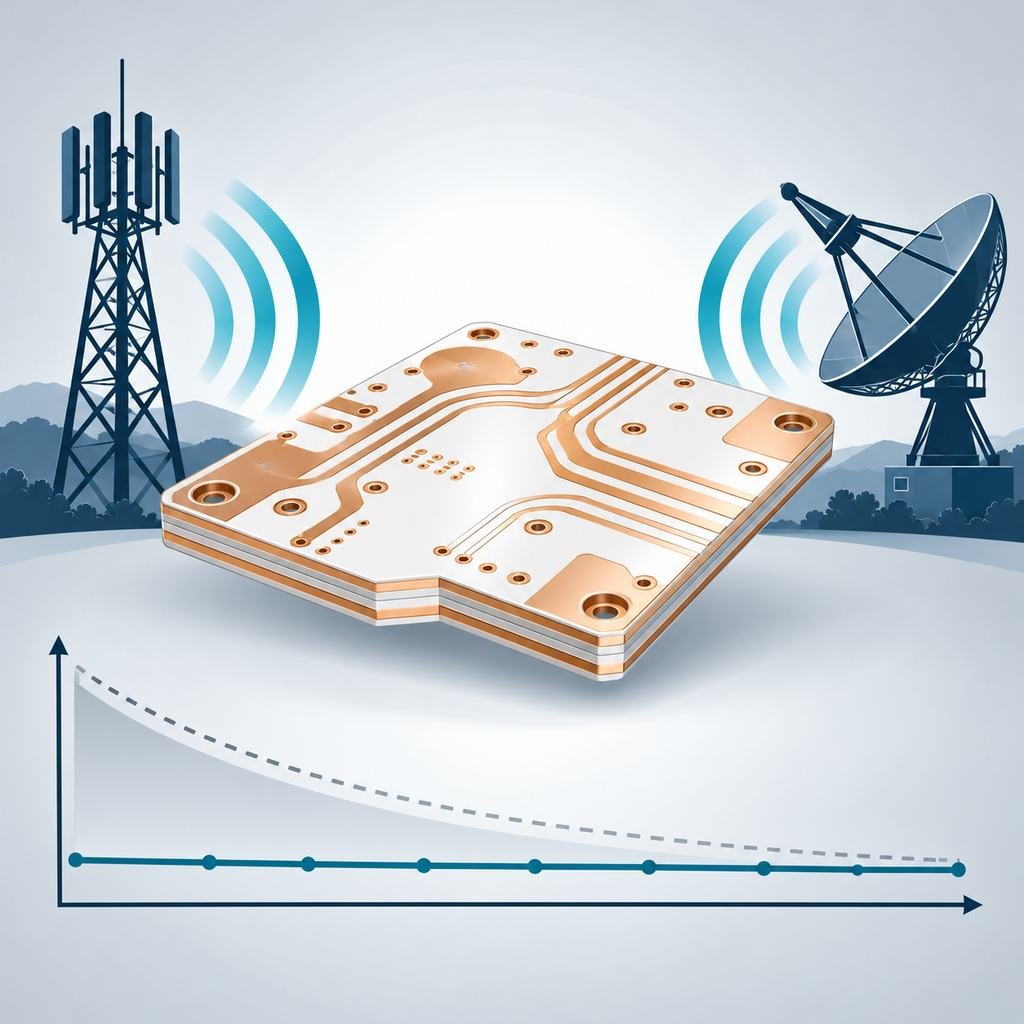 RT/duroid 5880 high-frequency circuit board radiating signal arcs toward a base station and satellite dish, with a flat low-loss curve