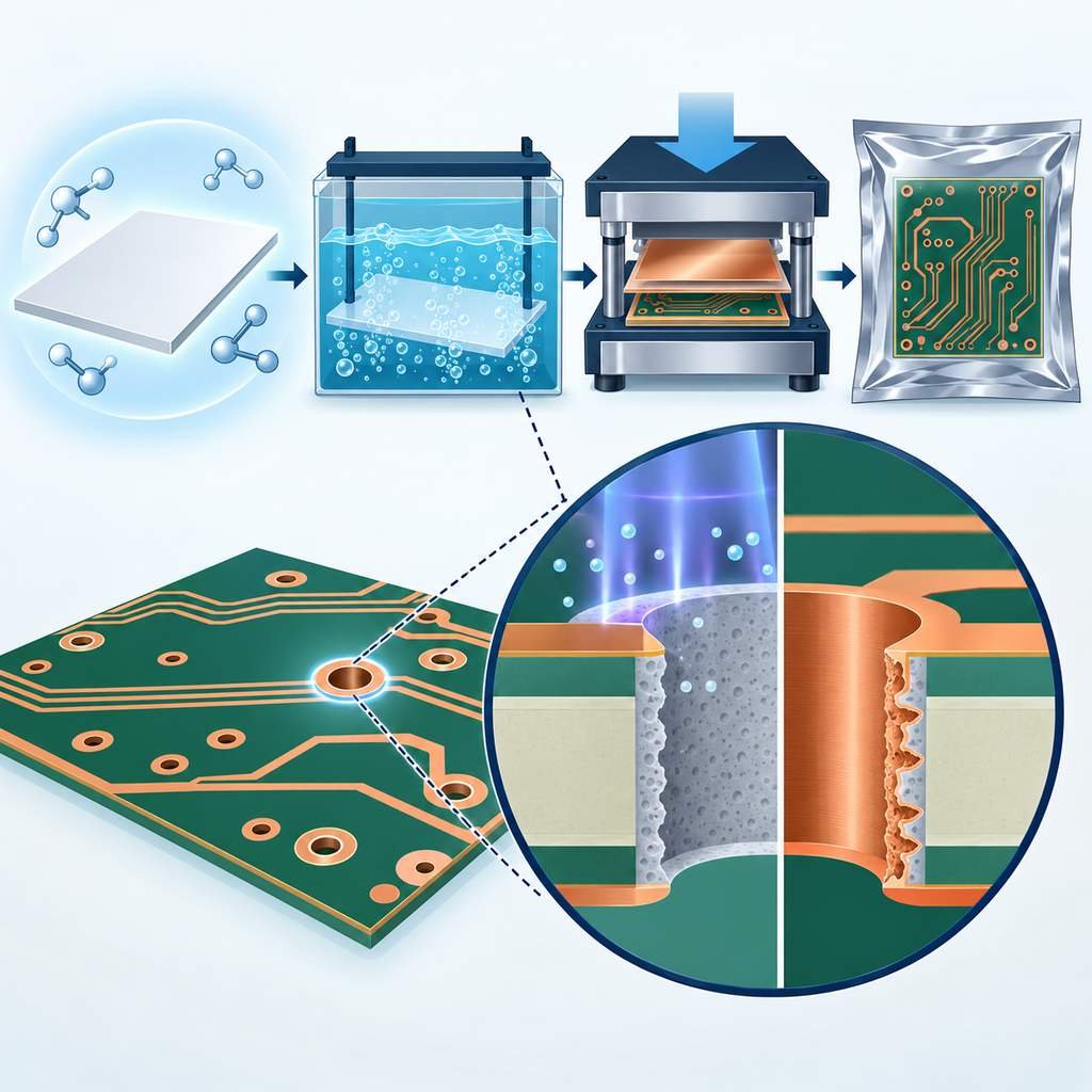 PTFE board passing through sodium etch, low-pressure lamination and vacuum packing, with a plasma-treated via cross-section