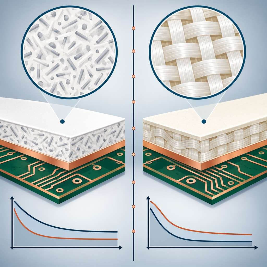 RT/duroid 5880 ceramic-microfiber laminate and Taconic TLY-5 woven-glass laminate cross-sections compared under magnification