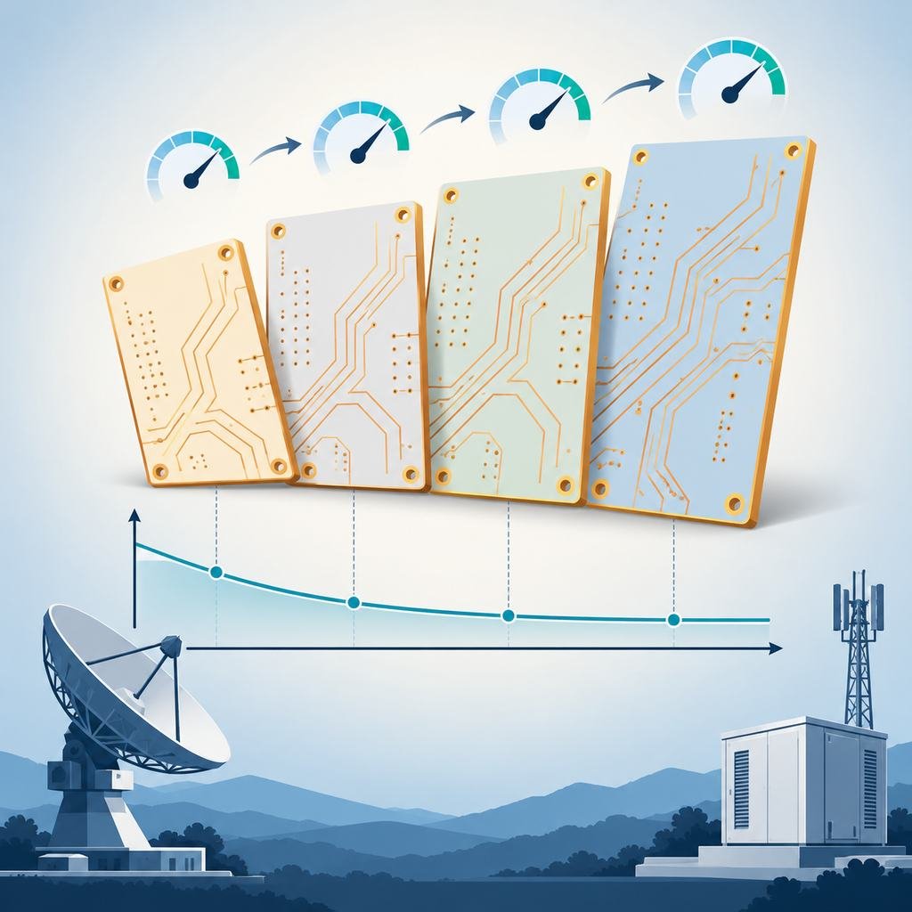 Four Rogers 3000 series ceramic-filled PTFE laminates fanned out with a rising dielectric dial and a flat low-loss curve