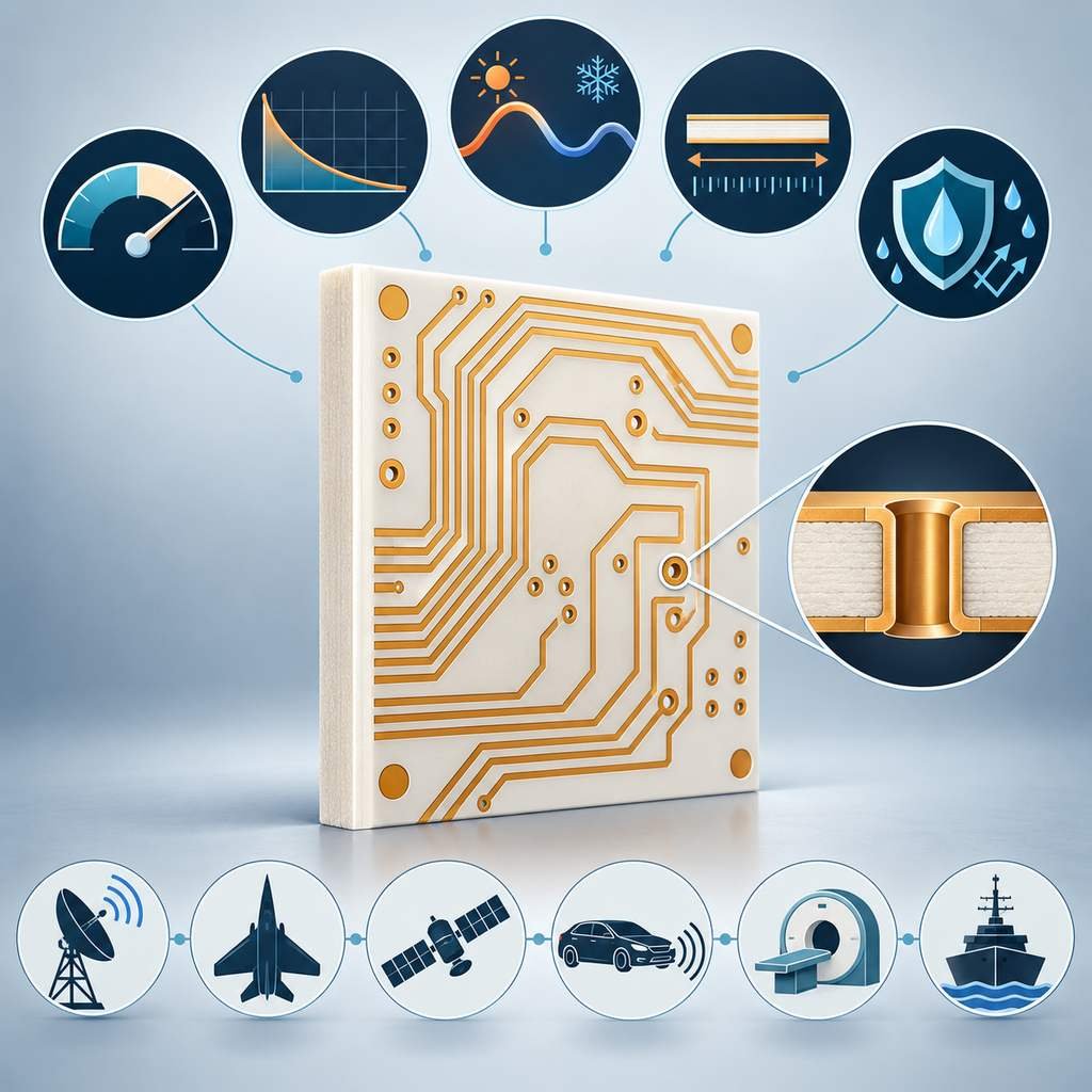 Rogers 3003 laminate panel with five parameter icons above and six application silhouettes below, plus a plated via inset