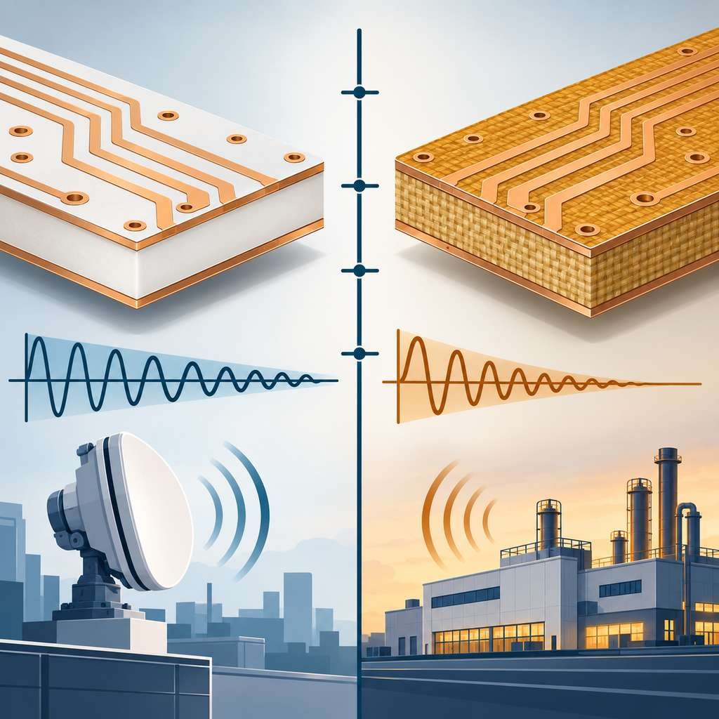 Rogers 3003 PTFE laminate and 4003C ceramic-filled laminate cross-sections compared with their loss lines and application icons