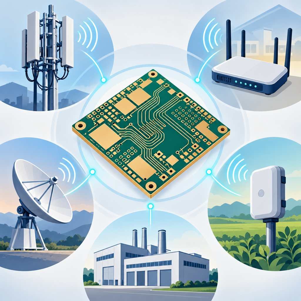 Rogers 4003 board linking base station, Wi-Fi, satellite terminal and IoT device silhouettes in communication equipment