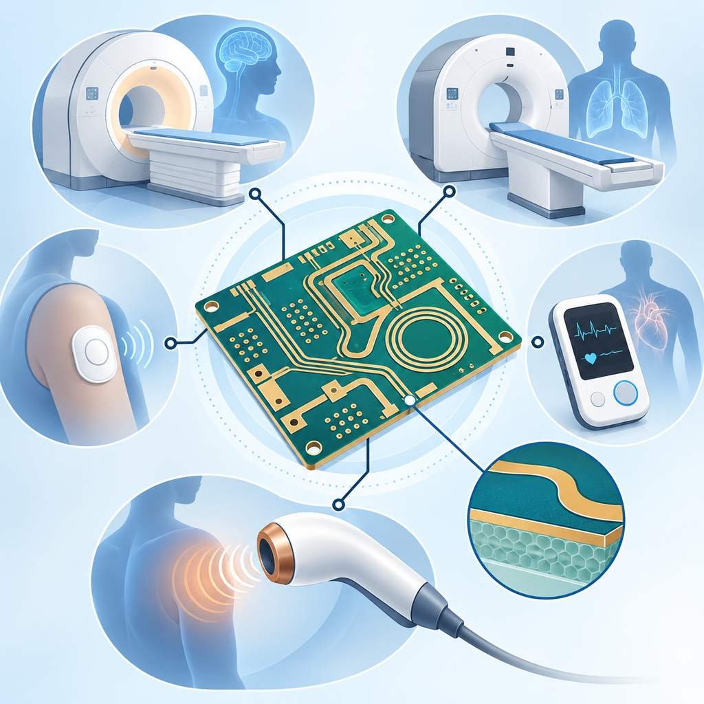 Rogers 4003C high-frequency board linked to MRI, CT, wearable sensor, portable monitor and microwave therapy applications