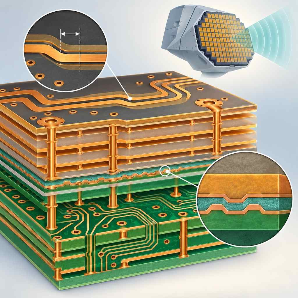 RO4003C hybrid multilayer stack-up with a tight impedance tolerance band on the RF layer and a magnified bonded interface