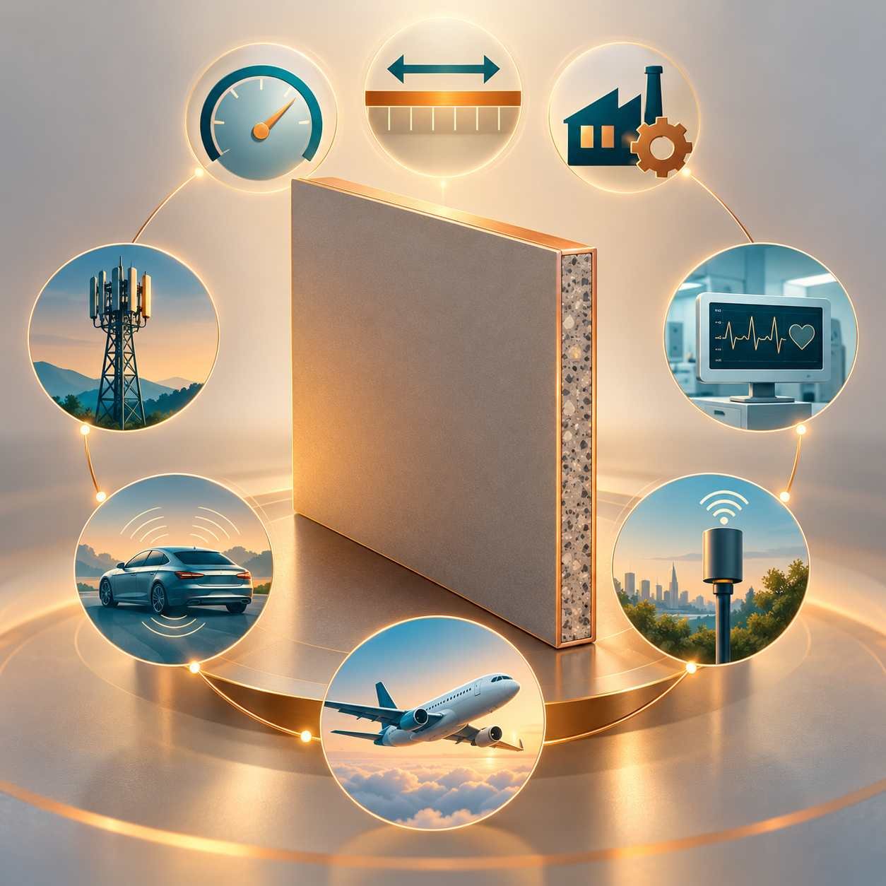 RO4003C ceramic-filled laminate panel with dielectric, CTE and processability indicators and five application silhouettes