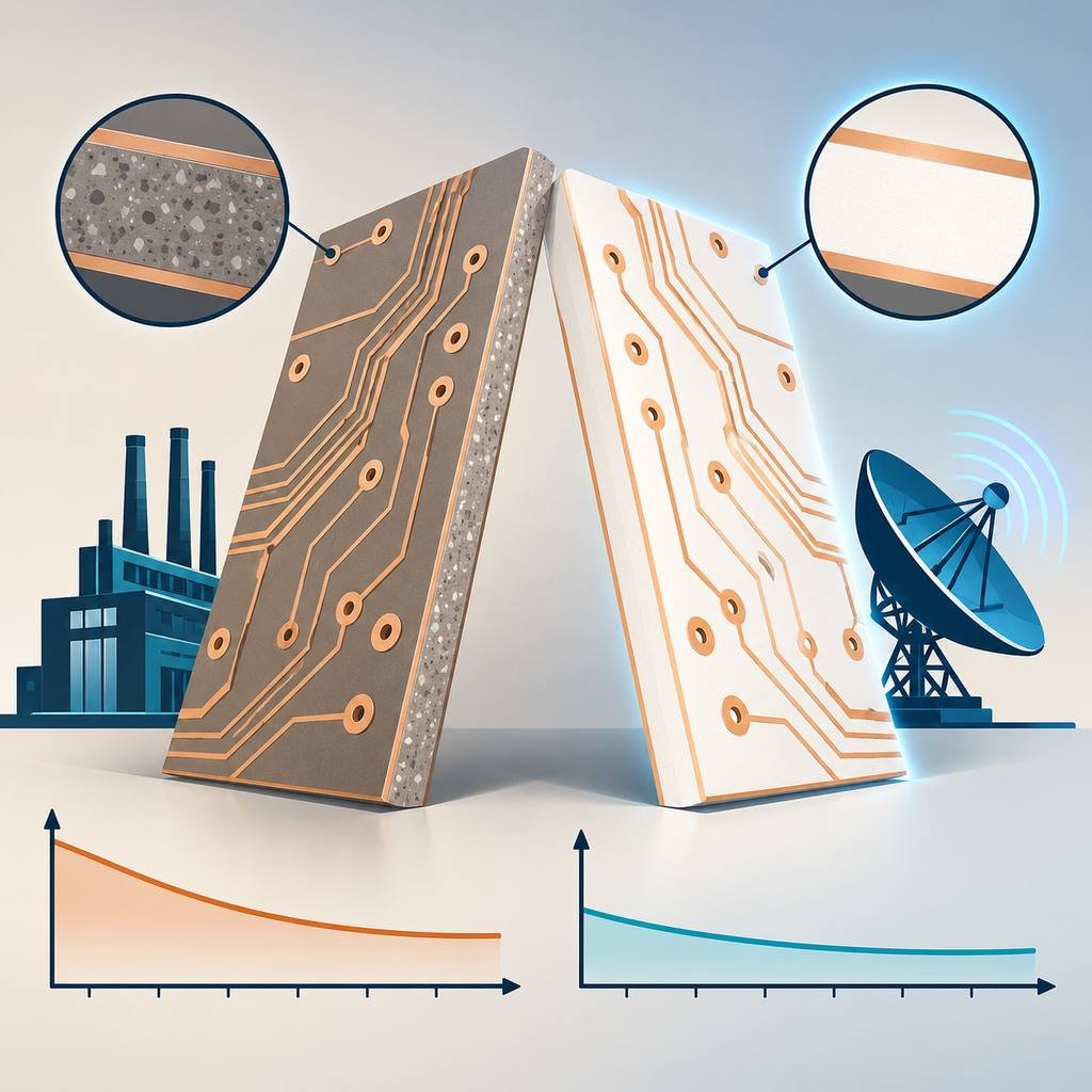 Ceramic-filled 4003C laminate panel and PTFE-based 3003 panel side by side with their loss curves and application icons