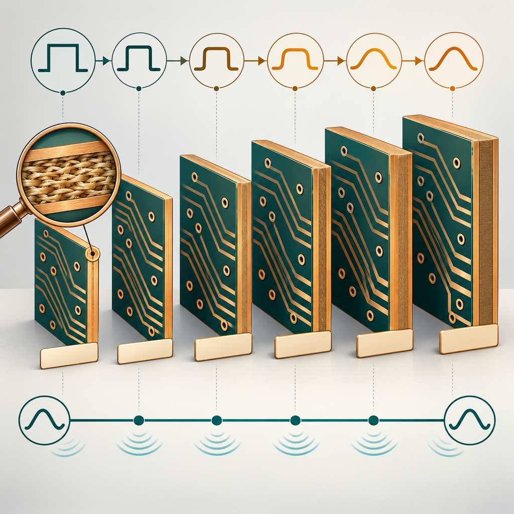 Six RO4350B laminate panels of increasing thickness along a rising diagonal with a flat low-loss line and a magnified thin core