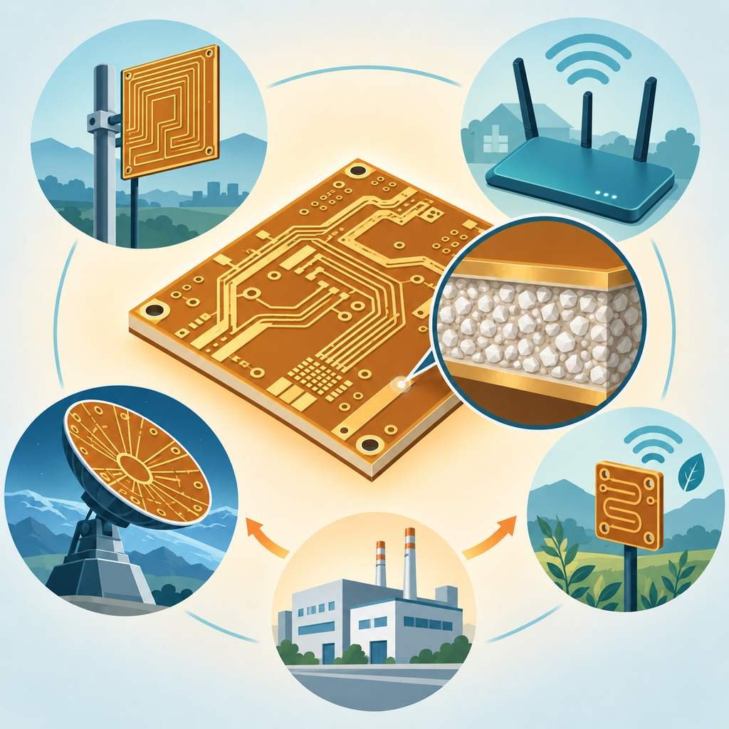 Rogers 4350B ceramic-filled laminate board with magnified dielectric filler and antenna, Wi-Fi, satellite and IoT application icons