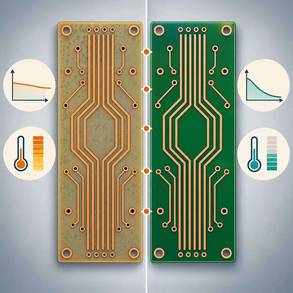 Rogers 4350B board and green FR-4 board compared along five scored points with contrasting loss and thermal indicators