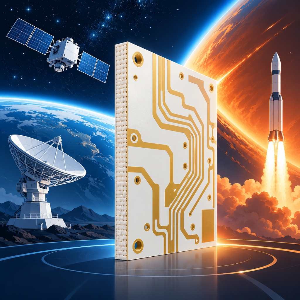 Rogers 5000 series PTFE laminate board against a split vacuum and heat background with satellite, radar and launch vehicle silhouettes