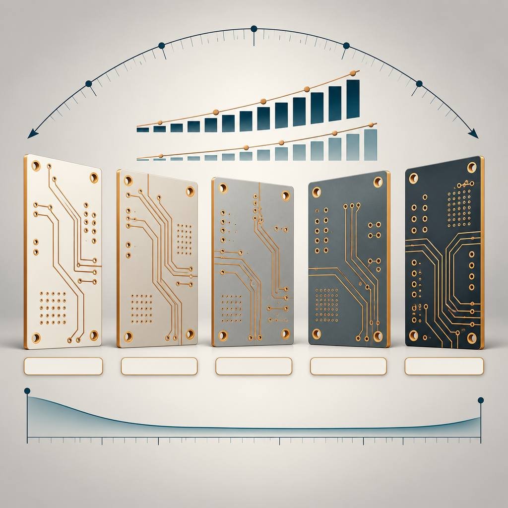 Five Rogers 5000 series laminates in a family lineup with rising indicators, a flat low-loss curve and a frequency arc
