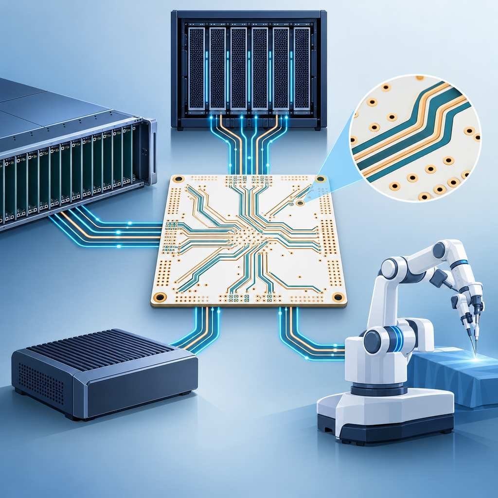 RT/duroid 5880 board linking AI accelerator racks, a server backplane, edge inference hardware and surgical robotics