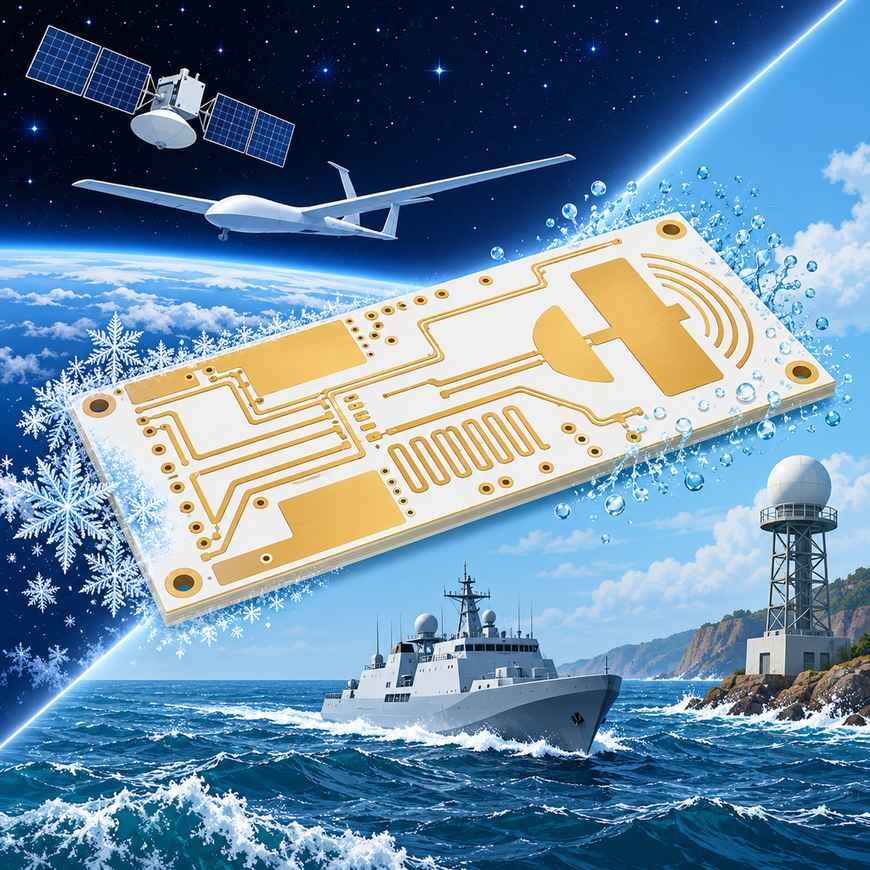 RT/duroid 5880 board spanning an aerospace and a maritime environment, resisting salt spray and temperature extremes