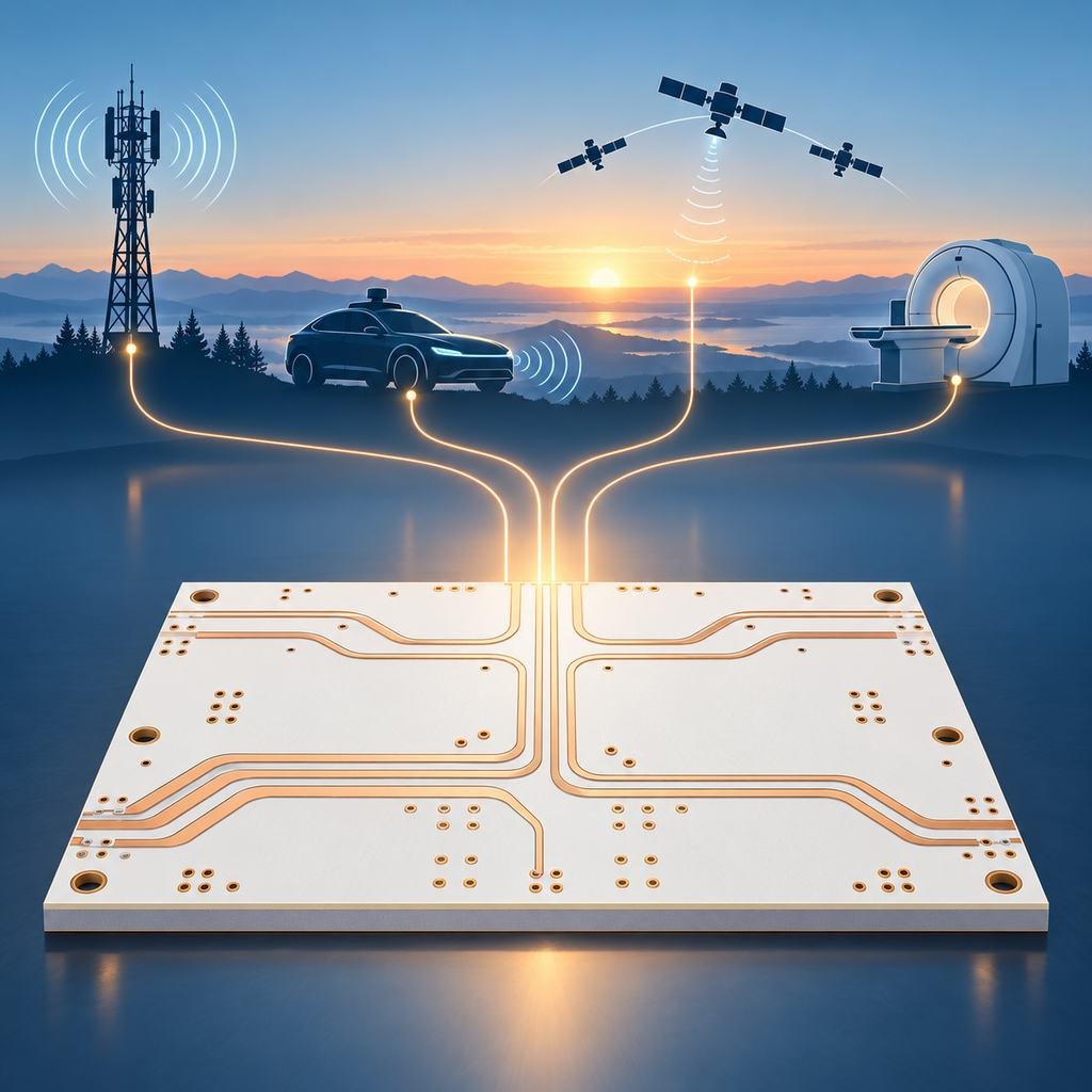 RT/duroid 5880 board linked to next-generation antenna, autonomous vehicle, satellite and precision medical silhouettes on a future horizon