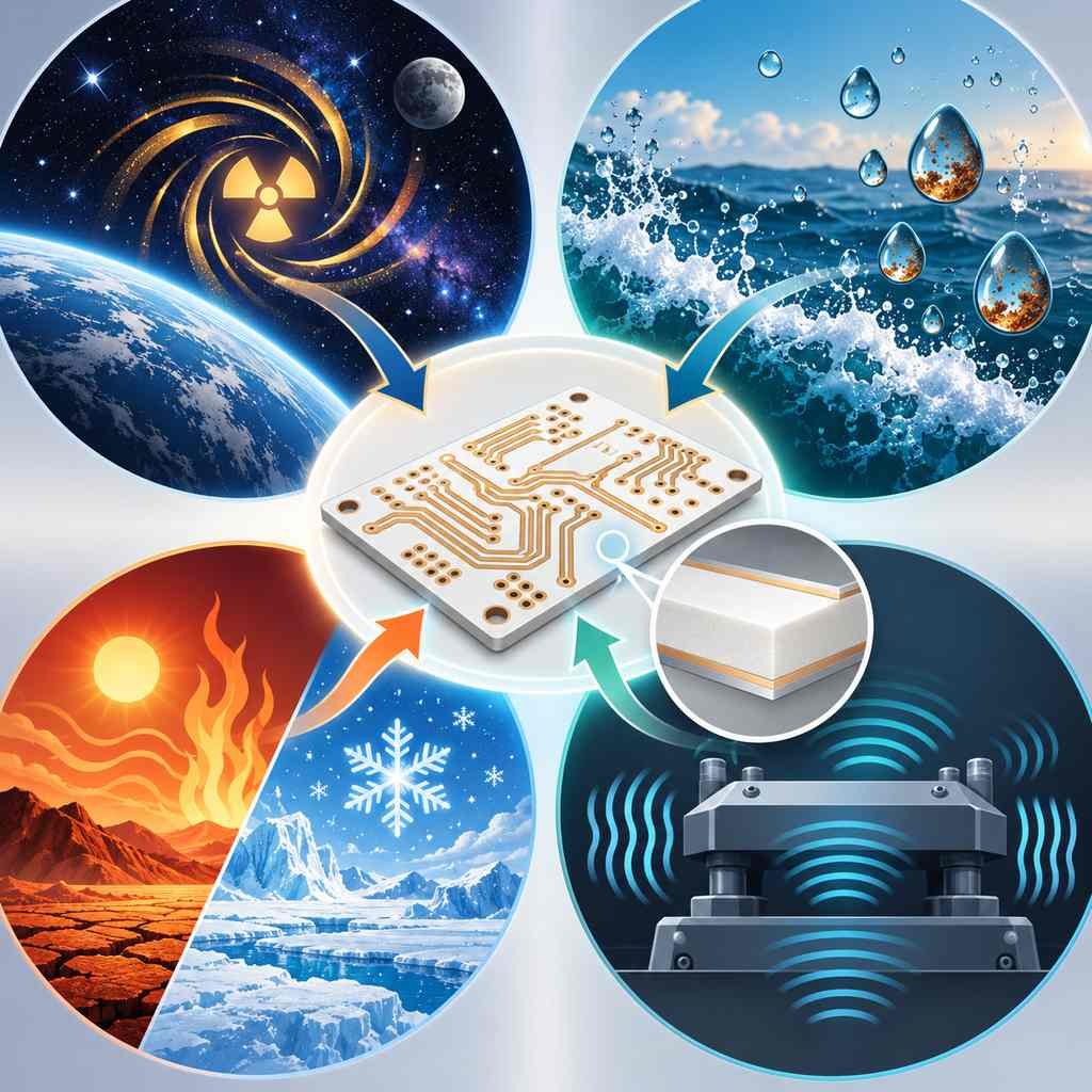 Four extreme conditions of vacuum, salt spray, temperature swing and vibration converging on an RT/duroid 5880 board