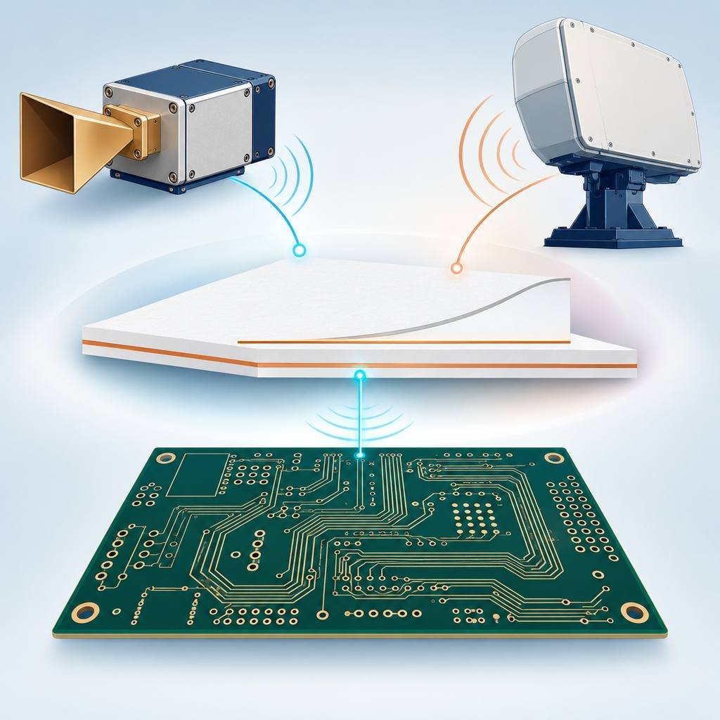RT/duroid 5880 laminate connecting a millimetre-wave front-end, radar unit and high-speed digital board with a flat low-loss line