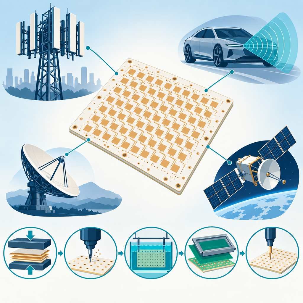 Rogers 5880 high-frequency board with millimetre-wave antenna array, application silhouettes and a five-step manufacturing flow