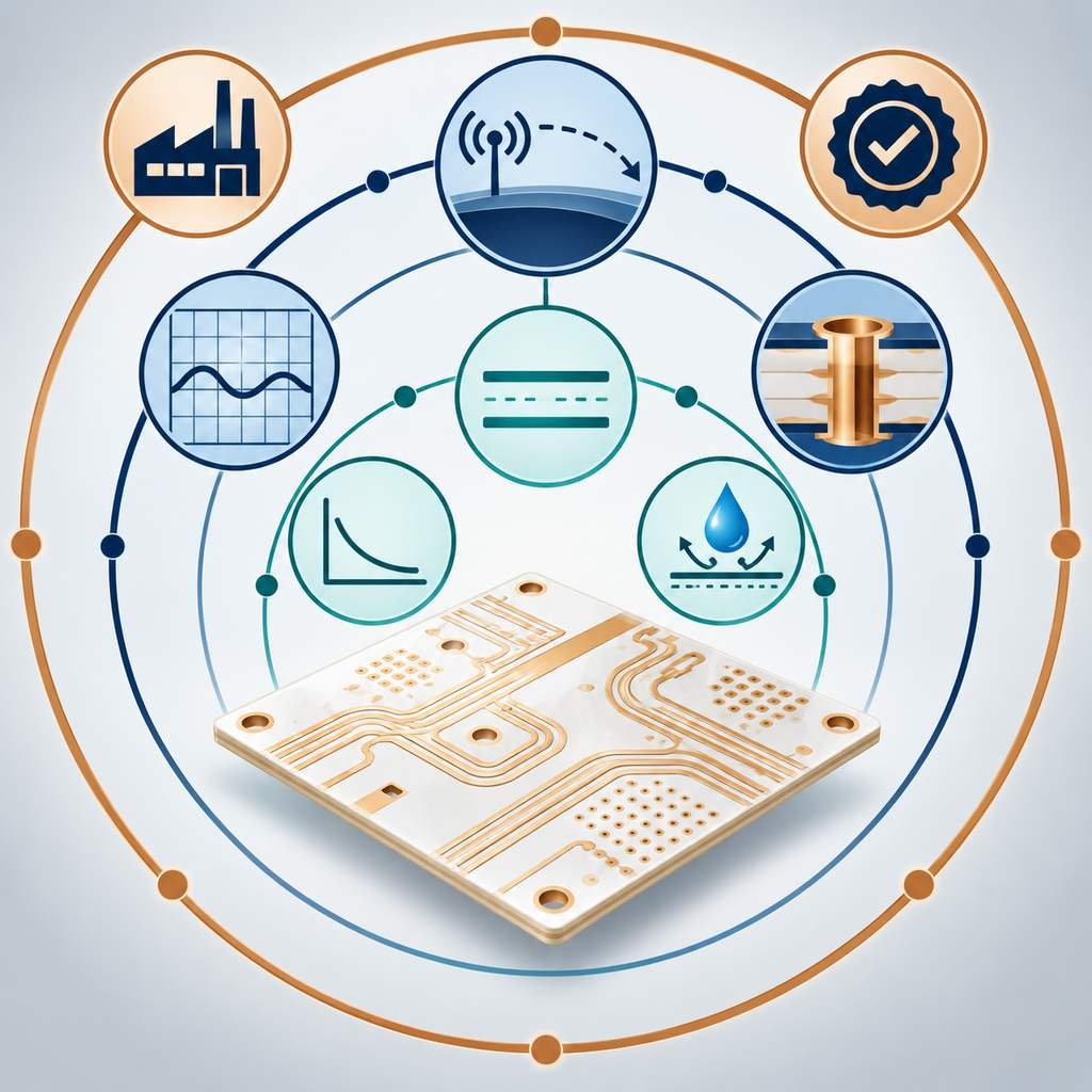 RT/duroid 5880 board at the centre of three concentric property rings covering dielectric stability, loss, moisture, reach, reliability and manufacturability