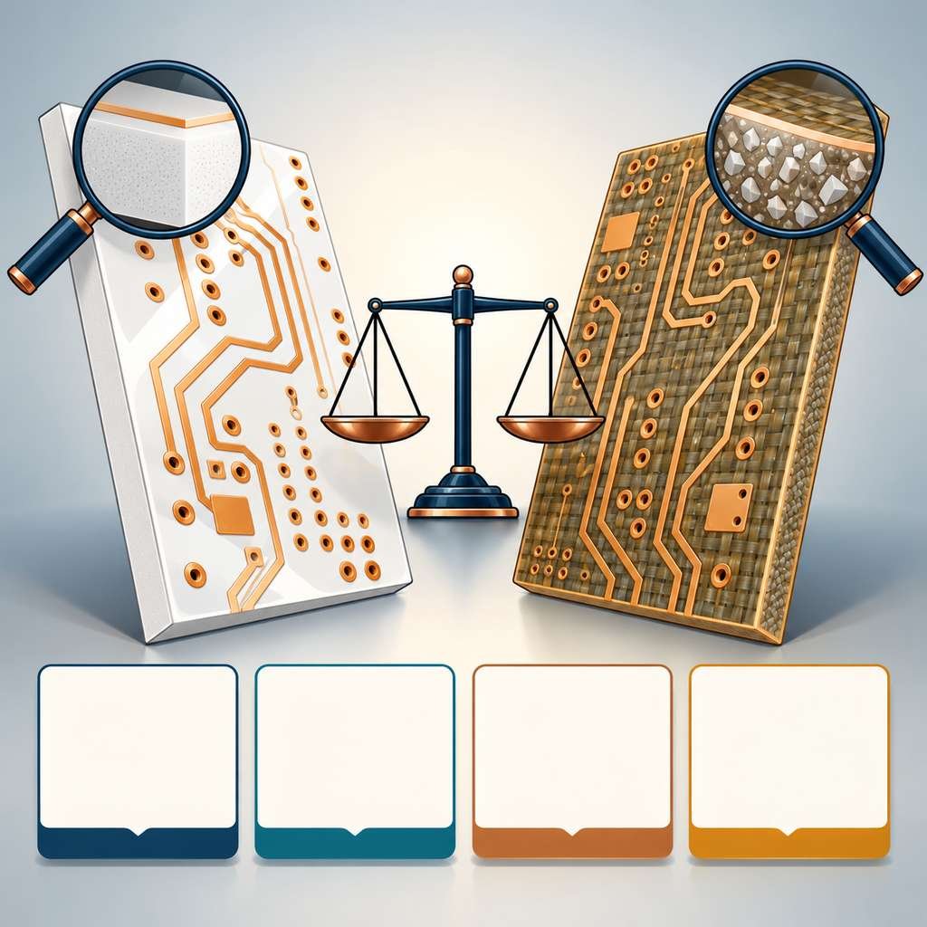 PTFE and ceramic-filled hydrocarbon laminates leaning apart with a balance icon and four blank decision cards between them