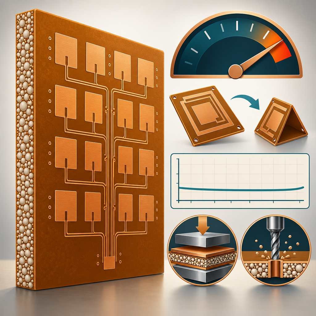 Rogers 6010 high-dielectric ceramic-filled laminate panel with a high-reading dial, compact antenna array and process icons