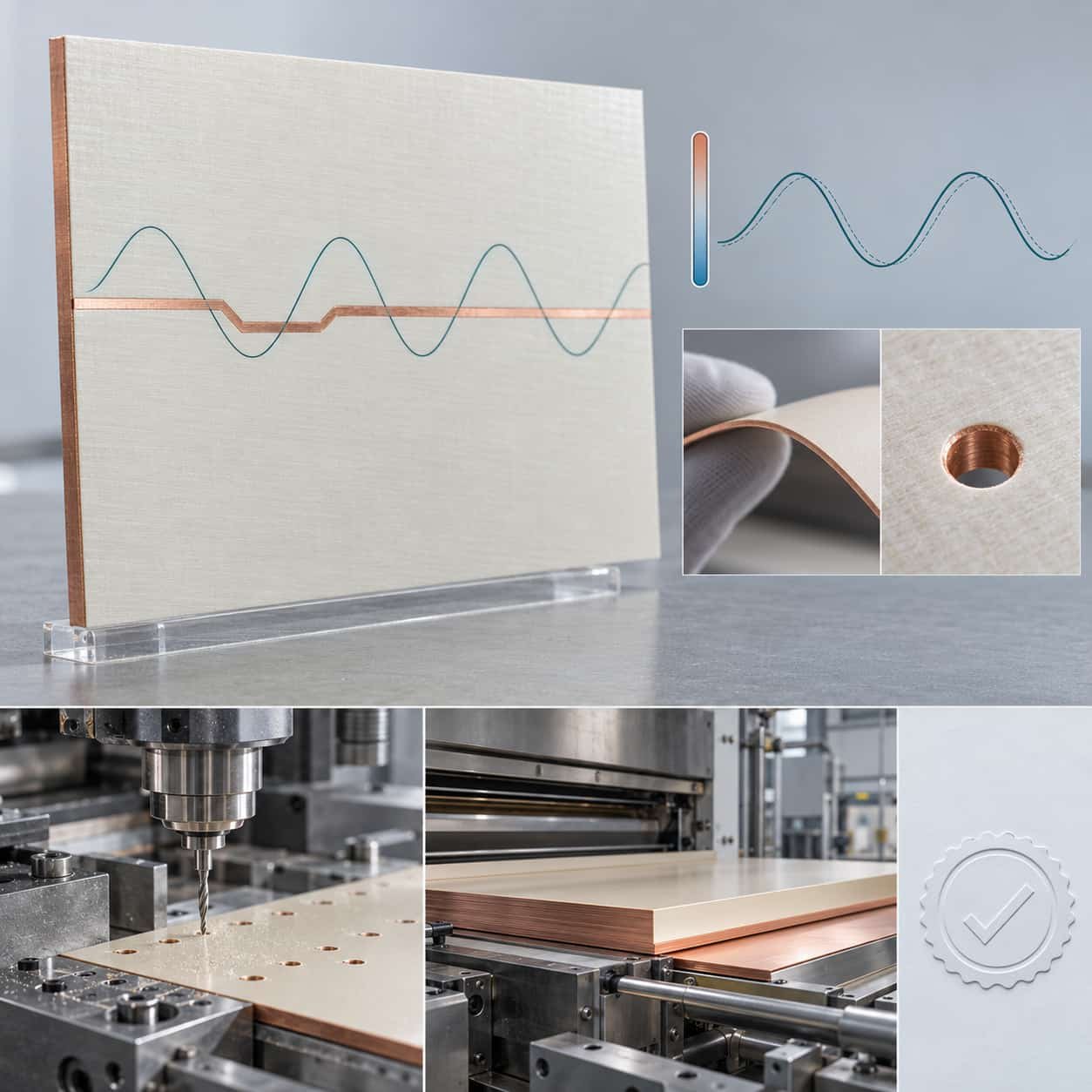 DiClad 880 laminate panel holding phase across temperature, with mechanical toughness and standard process icons and a compliance seal