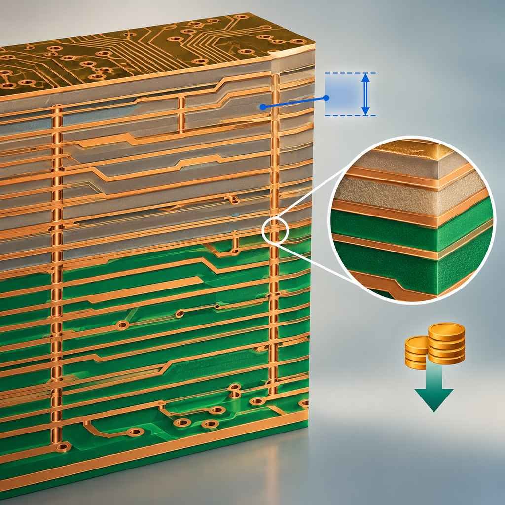 Tall hybrid multilayer stack bonding high-frequency and FR-4 layers with a tight impedance bracket and a reduced cost tag