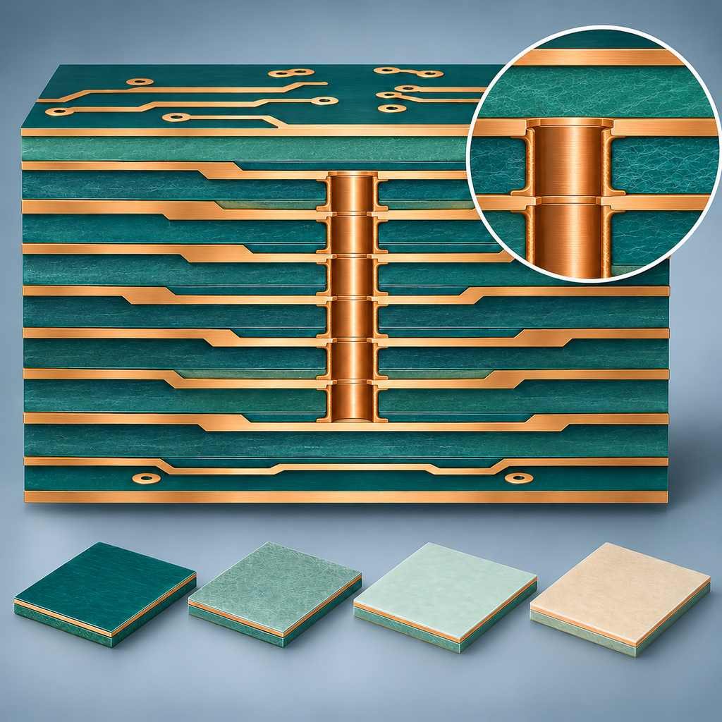 Rogers high-frequency multilayer board edge-on with buried vias, a magnified interface and a row of laminate swatches