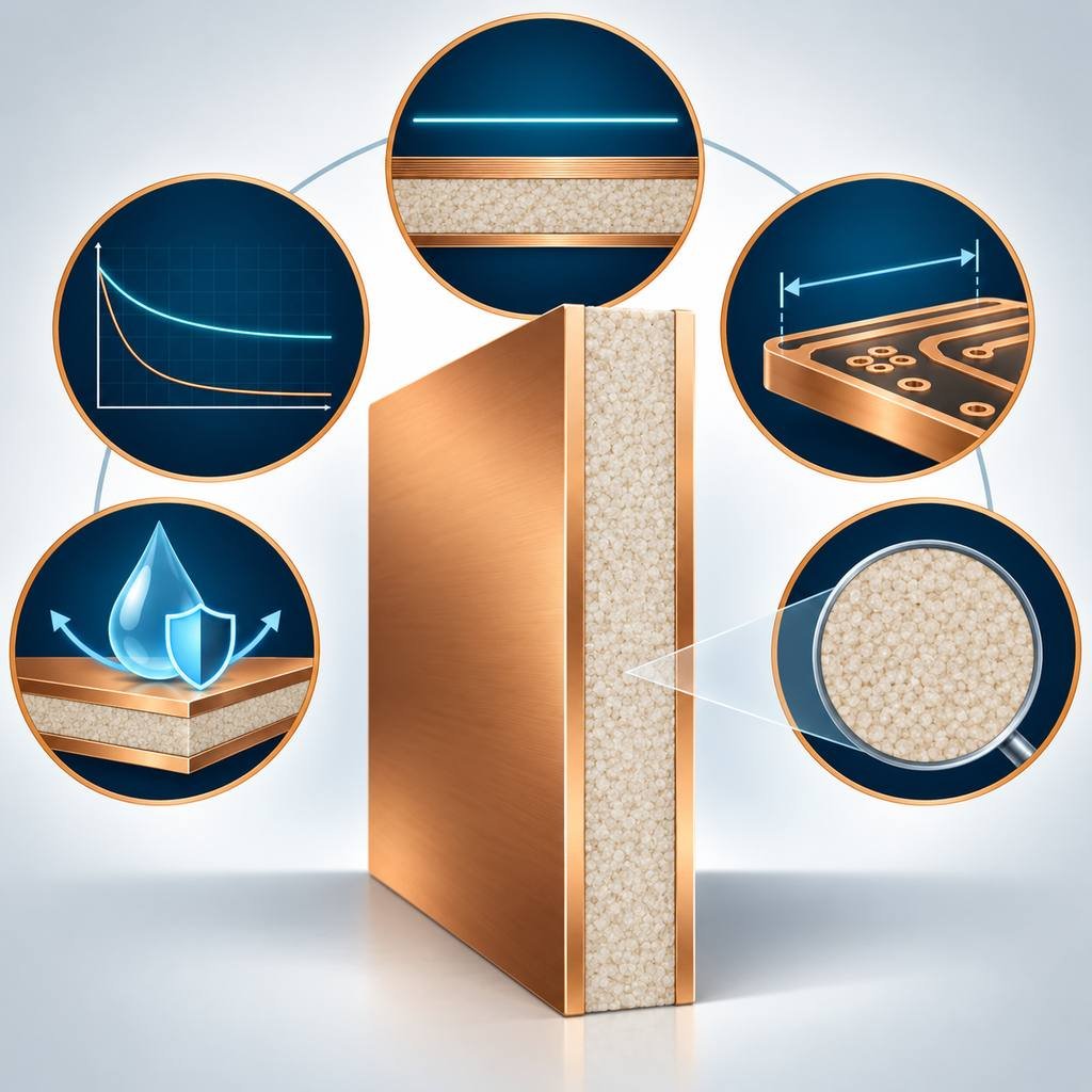 Rogers laminate cross-section ringed by five property icons for dielectric stability, low loss, moisture resistance, matched CTE and uniform structure