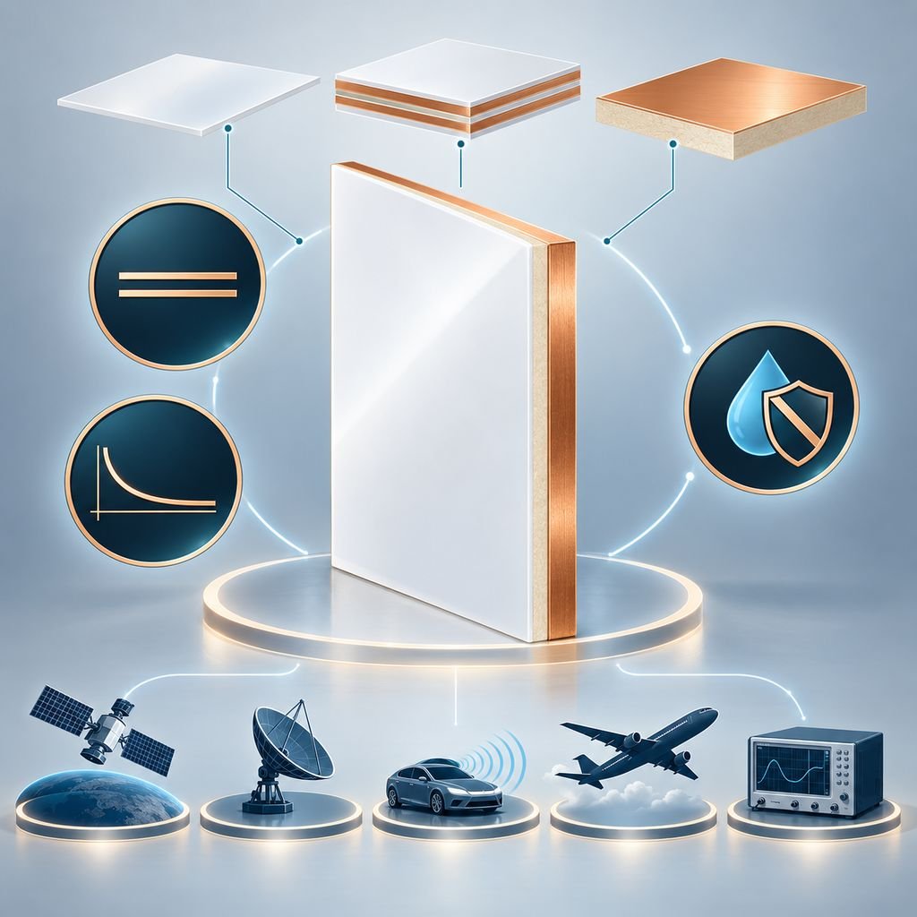 RT/duroid 5880 laminate panel with specification plates, low-loss and moisture traits and five demanding application silhouettes