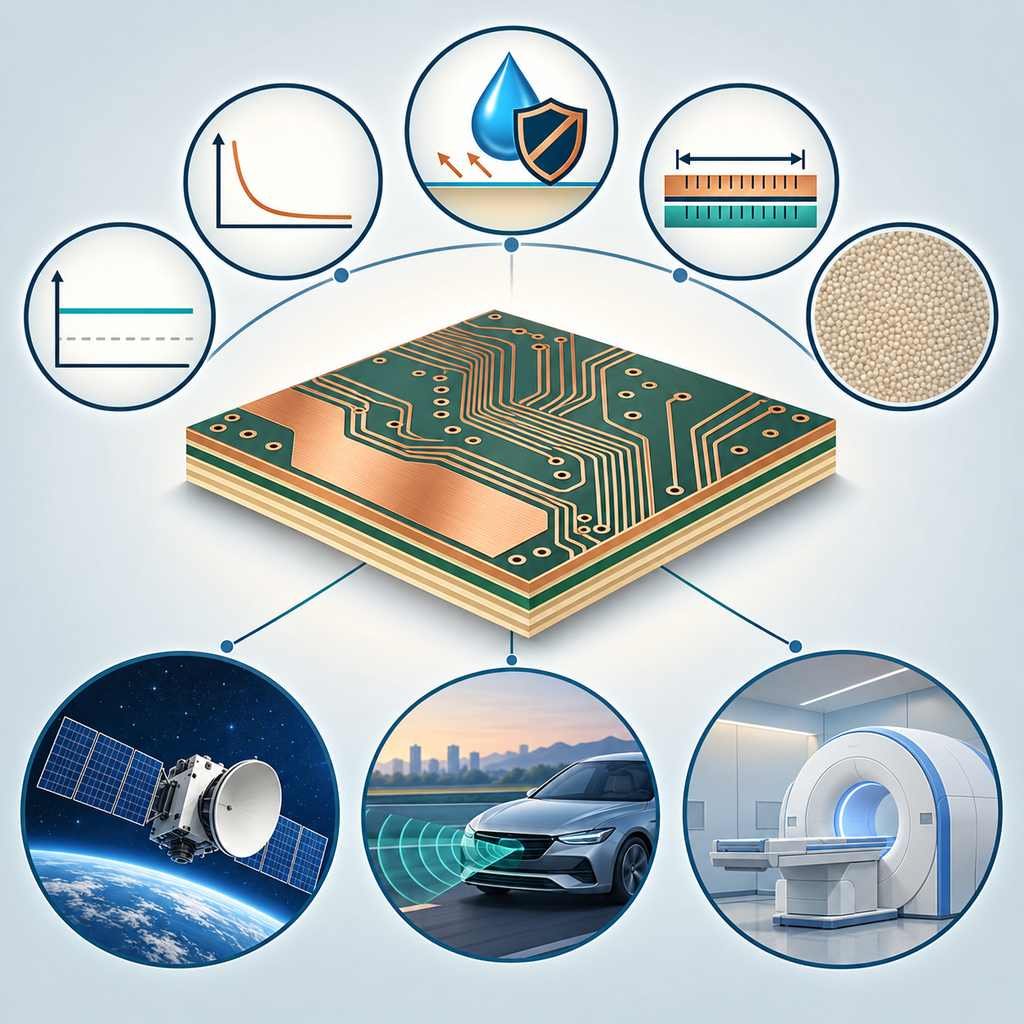 Five Rogers laminate material property icons around a panel fanning out to satellite, automotive radar and medical imaging applications