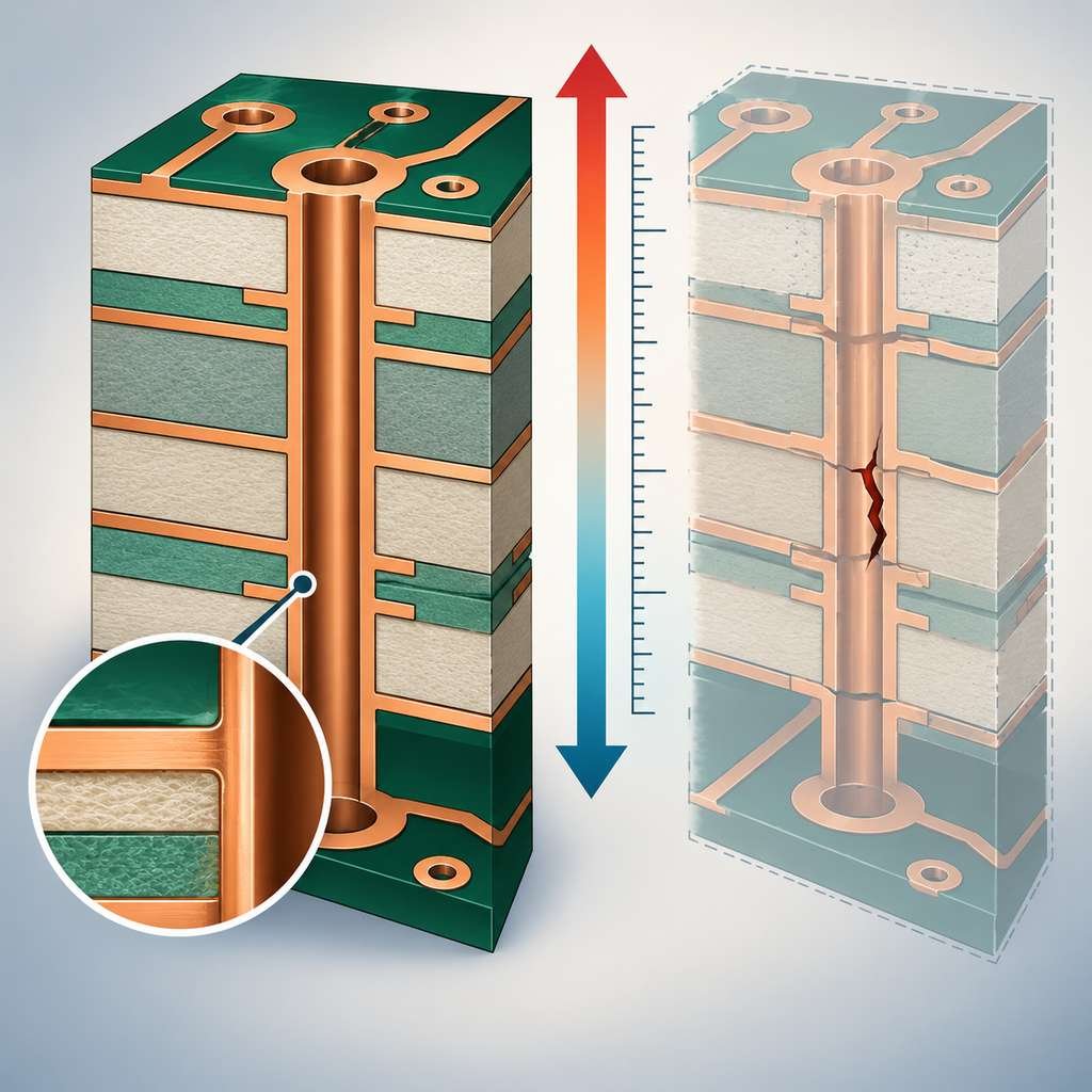 Multilayer board cross-section showing matched Z-axis thermal expansion along copper barrels, with a magnified interface and a cracked comparison case