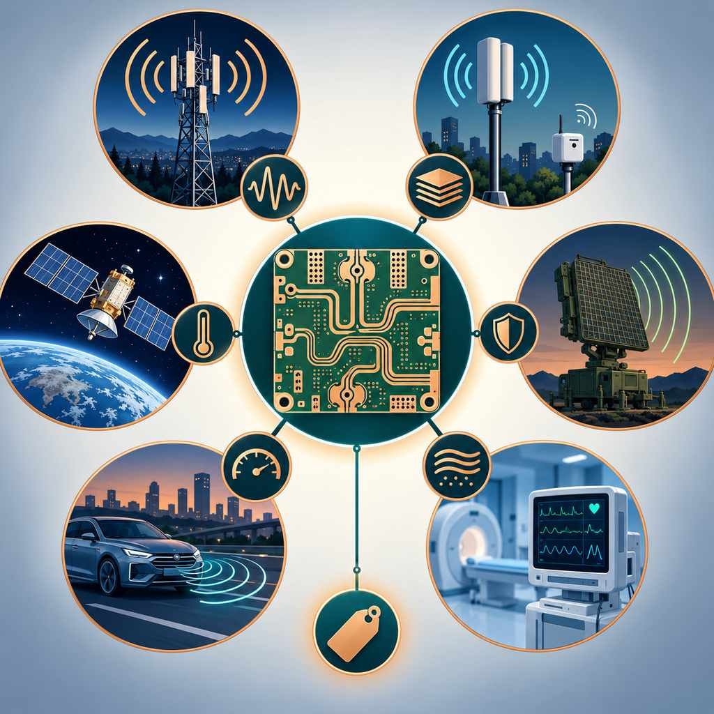 Rogers PCB as a hub linking RF microwave, 5G IoT, aerospace, defence, automotive and medical fields with property icons and a cost tag