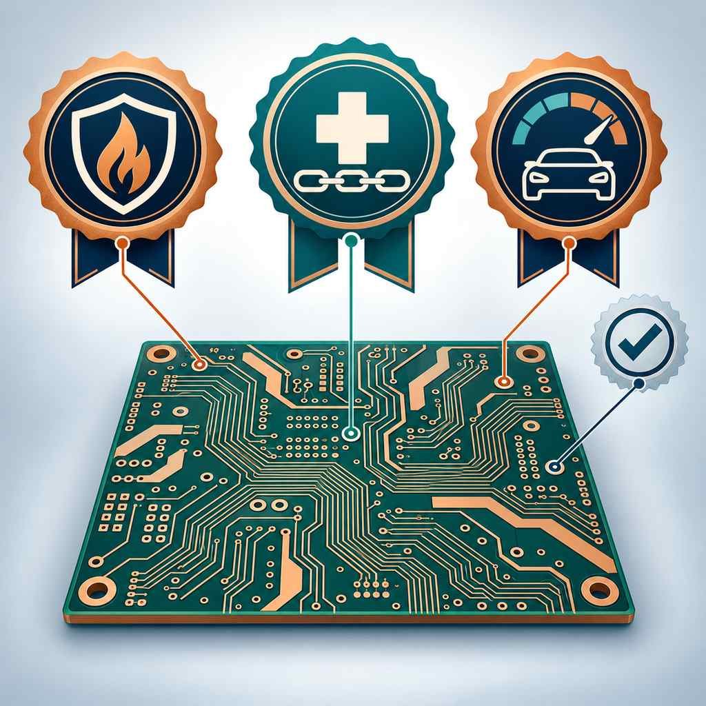 Three certification seals for flammability, medical traceability and automotive quality attached to a high-frequency PCB