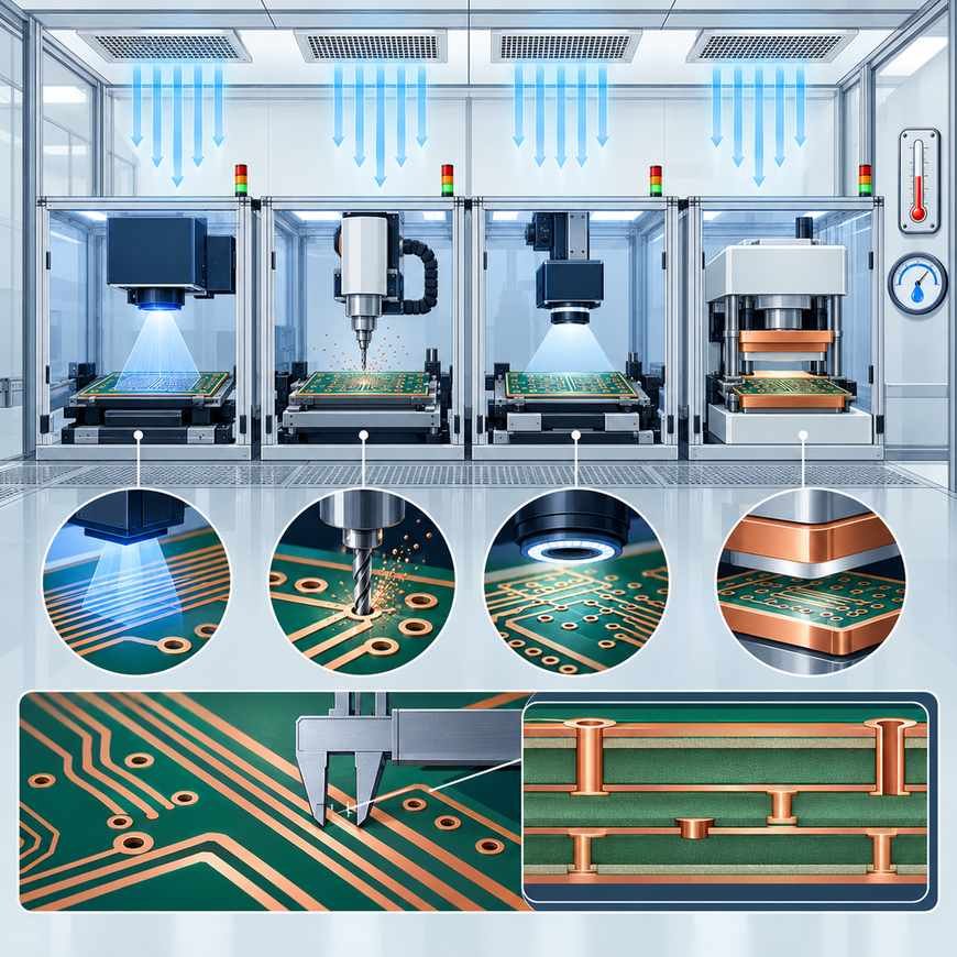 Cleanroom with four Rogers PCB process stations for imaging, drilling, AOI and ceramic pressing, holding a tight trace tolerance bracket