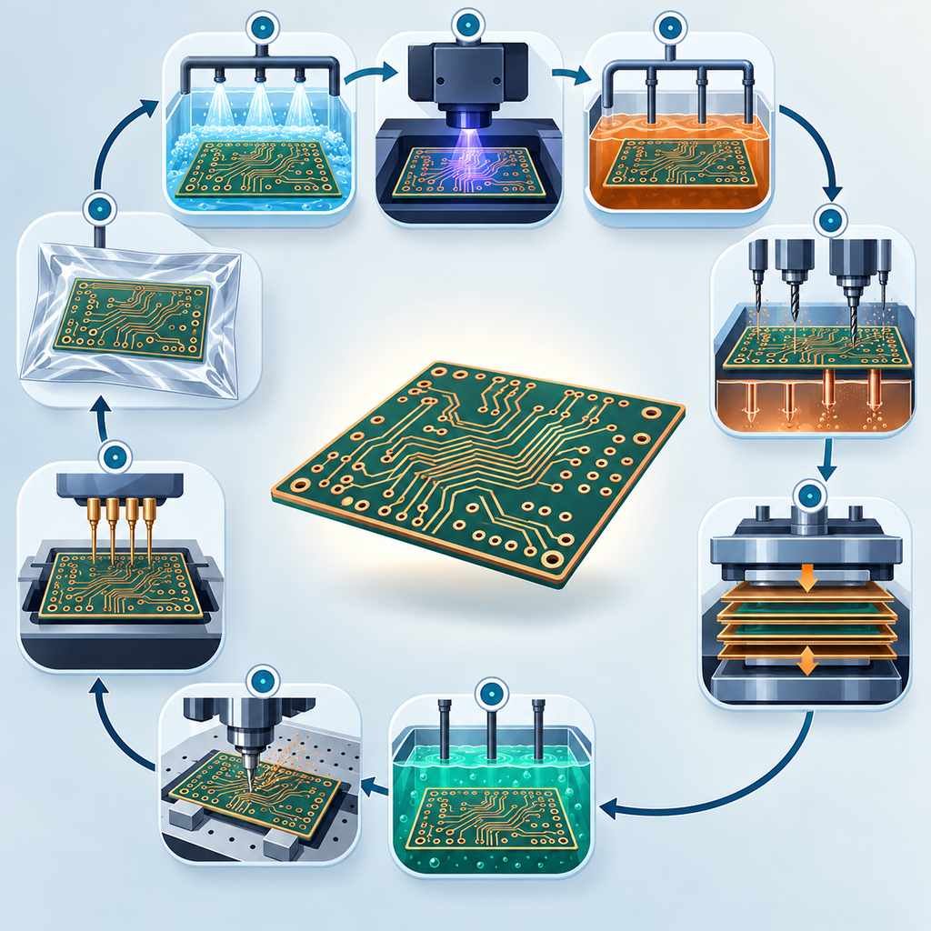 Nine-stage Rogers PCB manufacturing loop from laminate cleaning through imaging, etching, drilling, lamination, finish, routing, testing and vacuum packing