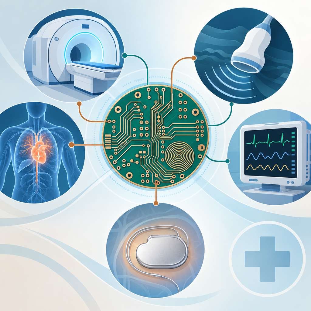Rogers high-frequency PCB surrounded by medical device silhouettes including MRI, ultrasound, monitoring, cardiac and implantable applications