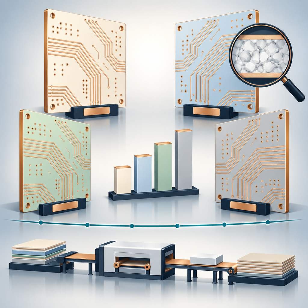 Four Rogers RO3000 series ceramic-filled PTFE laminates around central benchmark bars above a flat low-loss line