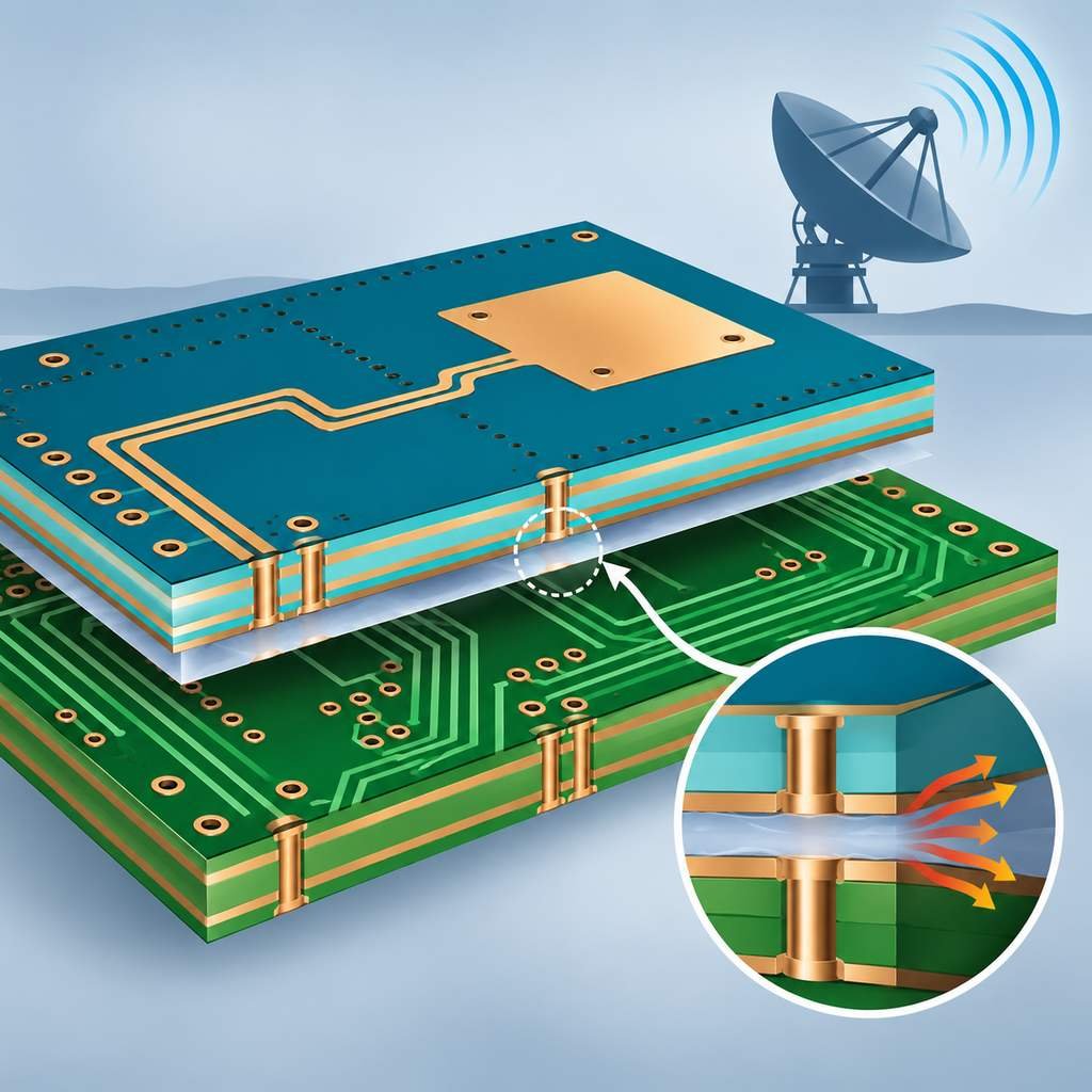 RO3003 and FR-4 hybrid PCB stack-up cross-section with a magnified bonded interface and a radar application silhouette