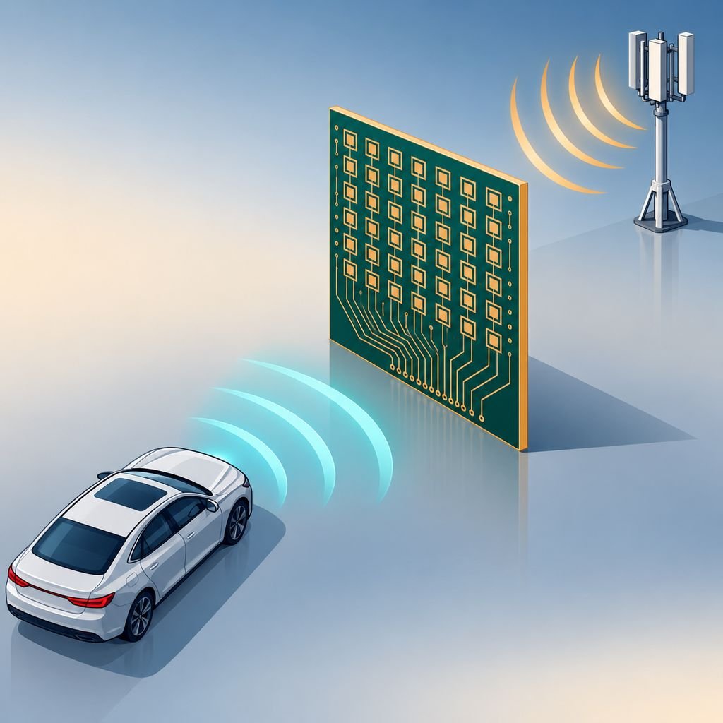 Rogers RO3003 laminate panel linking automotive radar waves from a vehicle to a millimetre-wave base station