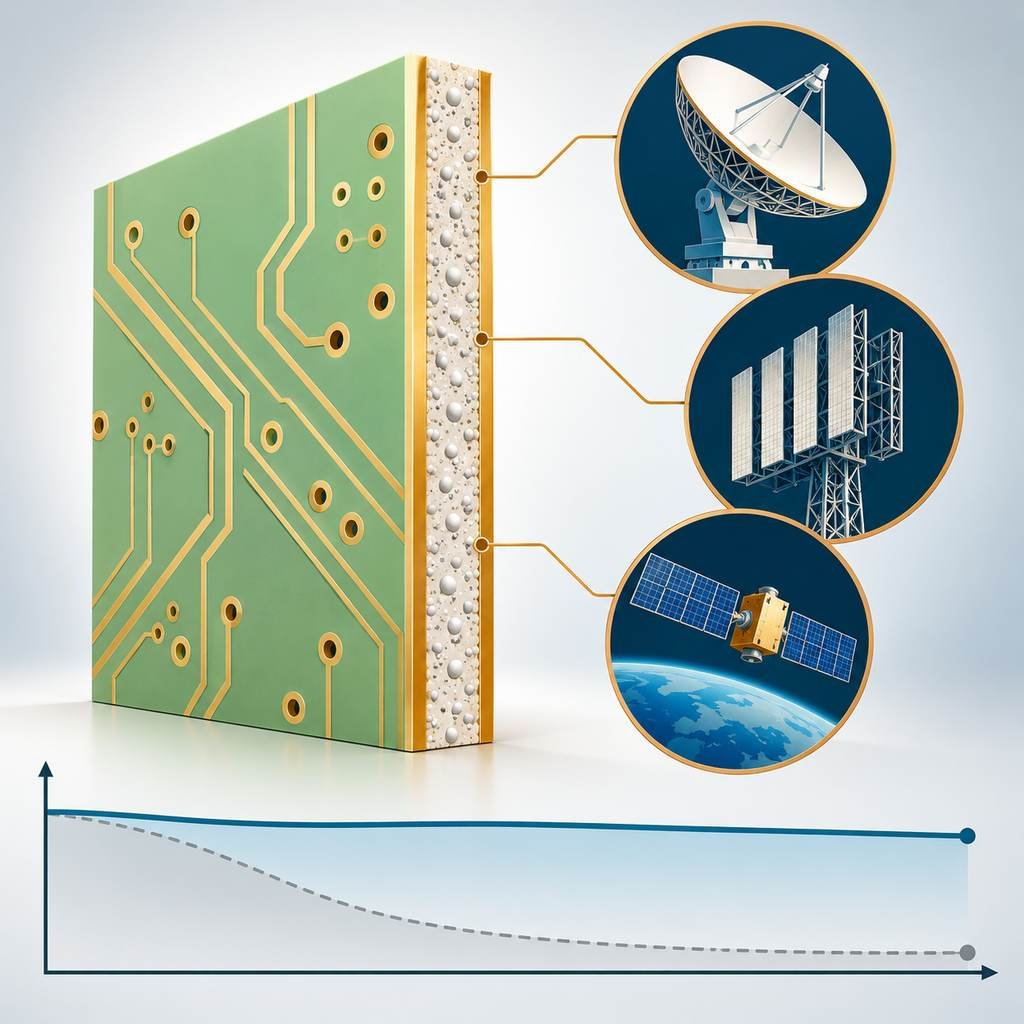 Ceramic-filled Rogers RO3003C laminate panel with a flat low-loss curve and radar, antenna and satellite application silhouettes