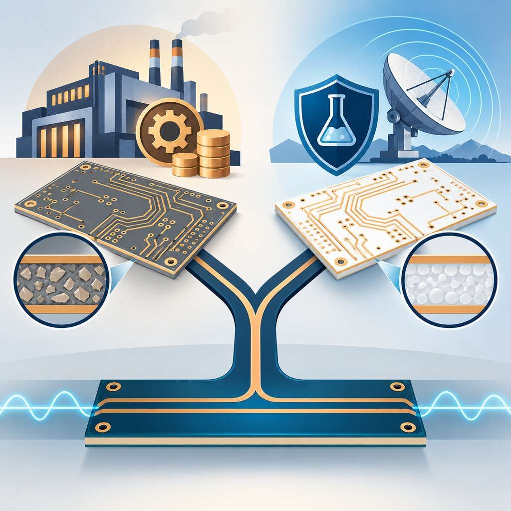 A decision fork between process-friendly RO3010 and PTFE-based RO6010 laminates, with cost and laboratory icons over a shared low-loss line