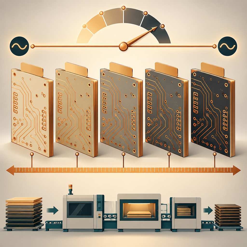 Five Rogers RO4000 series laminates in a family row with a climbing dielectric dial, flat electrical line and a matched expansion ruler