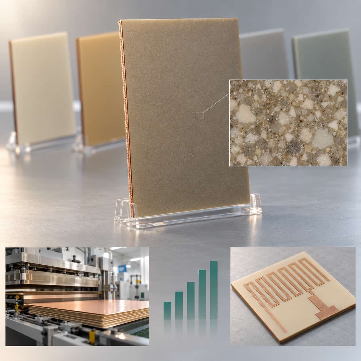 RO4003C laminate panel highlighted within its family row, with processability, volume economics and antenna icons beneath