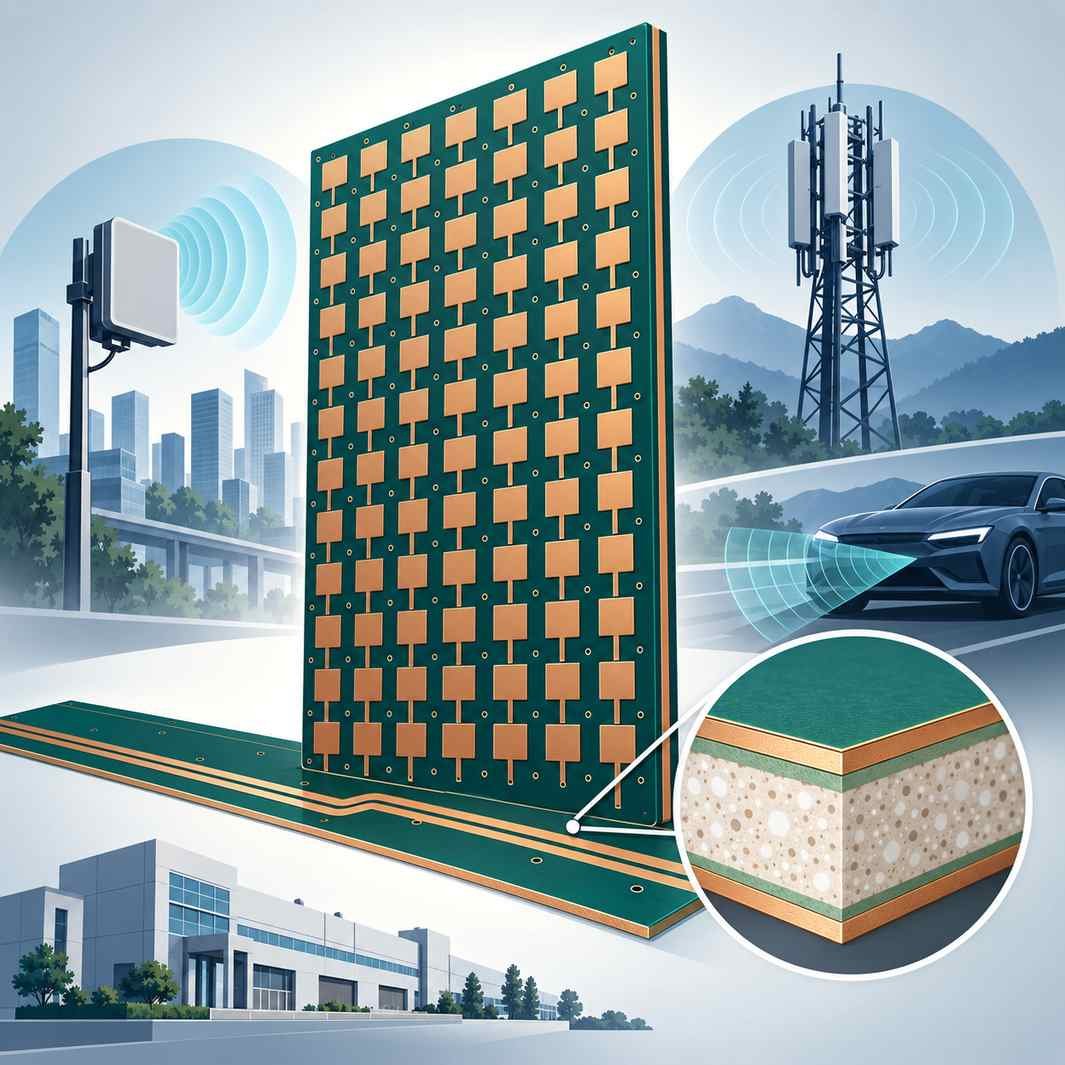 RO4350B massive MIMO array panel with millimetre-wave small cell, base station and automotive radar applications and a magnified laminate inset