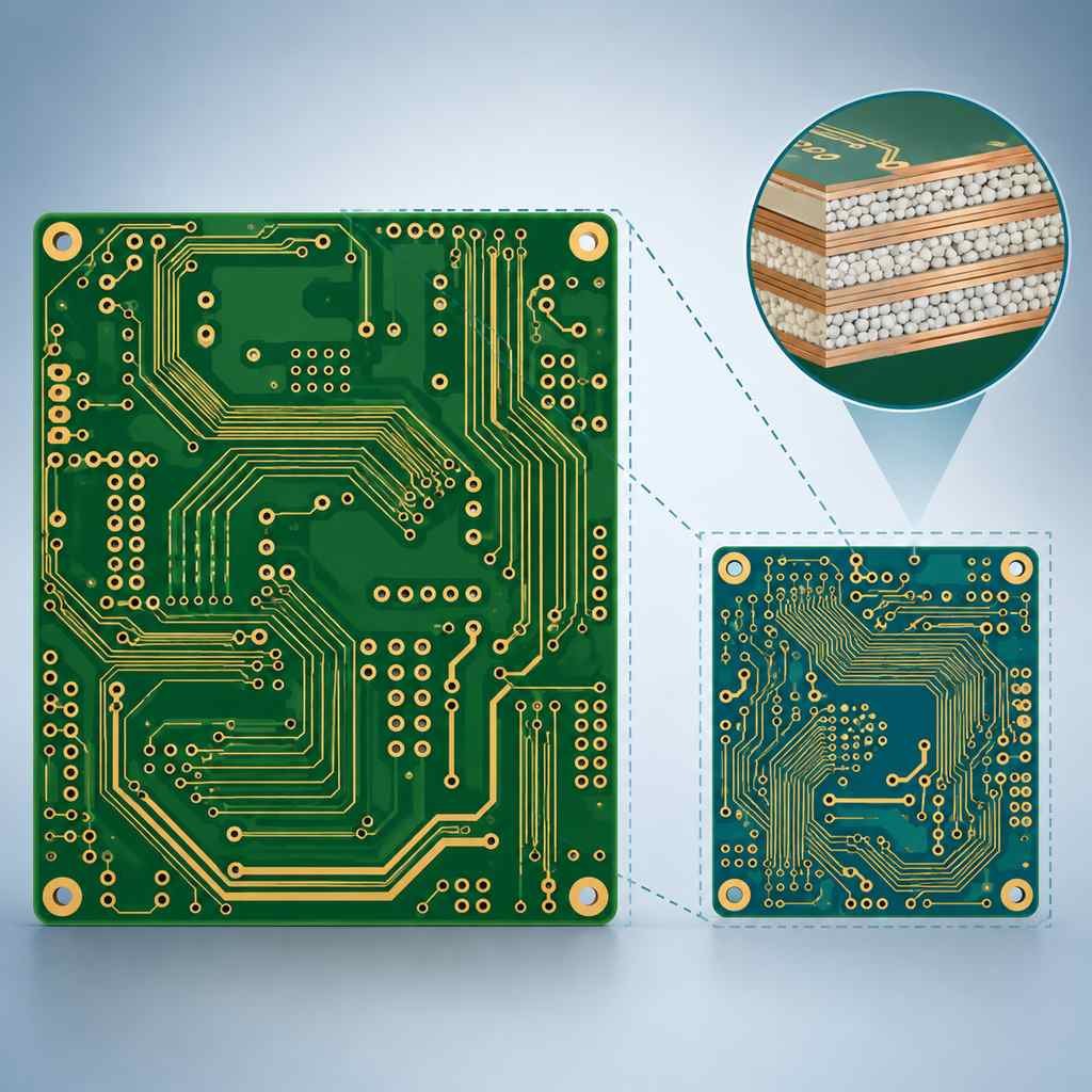 Compact Rogers RO4360 high-frequency board beside a larger conventional board, illustrating footprint reduction from a high dielectric constant